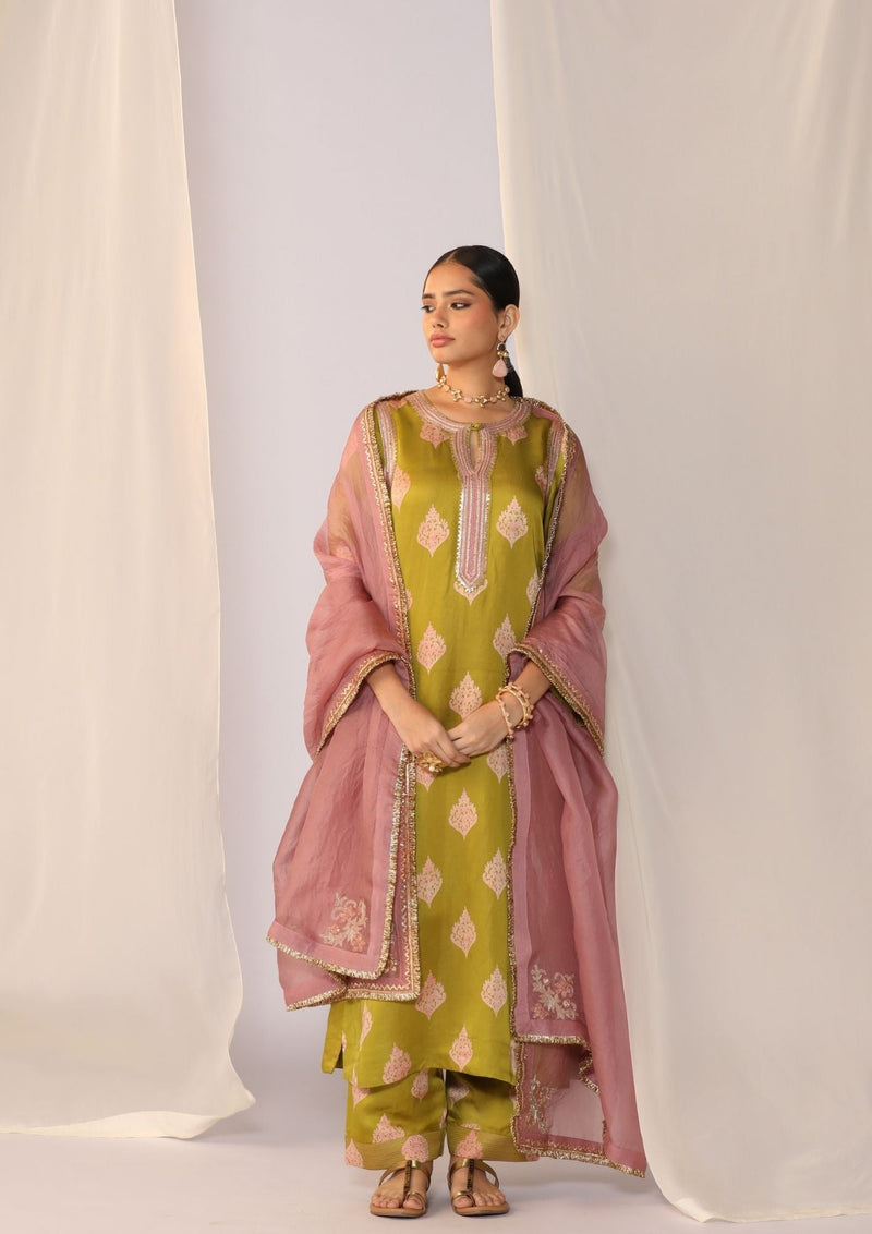 Block printed satin kurta set with organza dupatta satin by Myoho in green color for women Worldwide