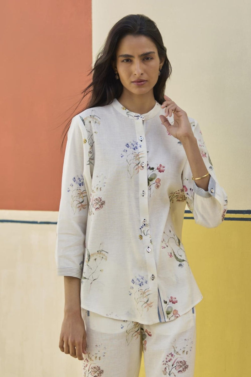 Vani Watercolour Floral Shirt - Ivory by Manan in ivory color for women Worldwide