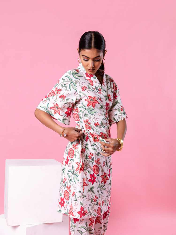Pink Dahlia Kimono Co-Ord Co-ord Set by Marche in white color for women Worldwide