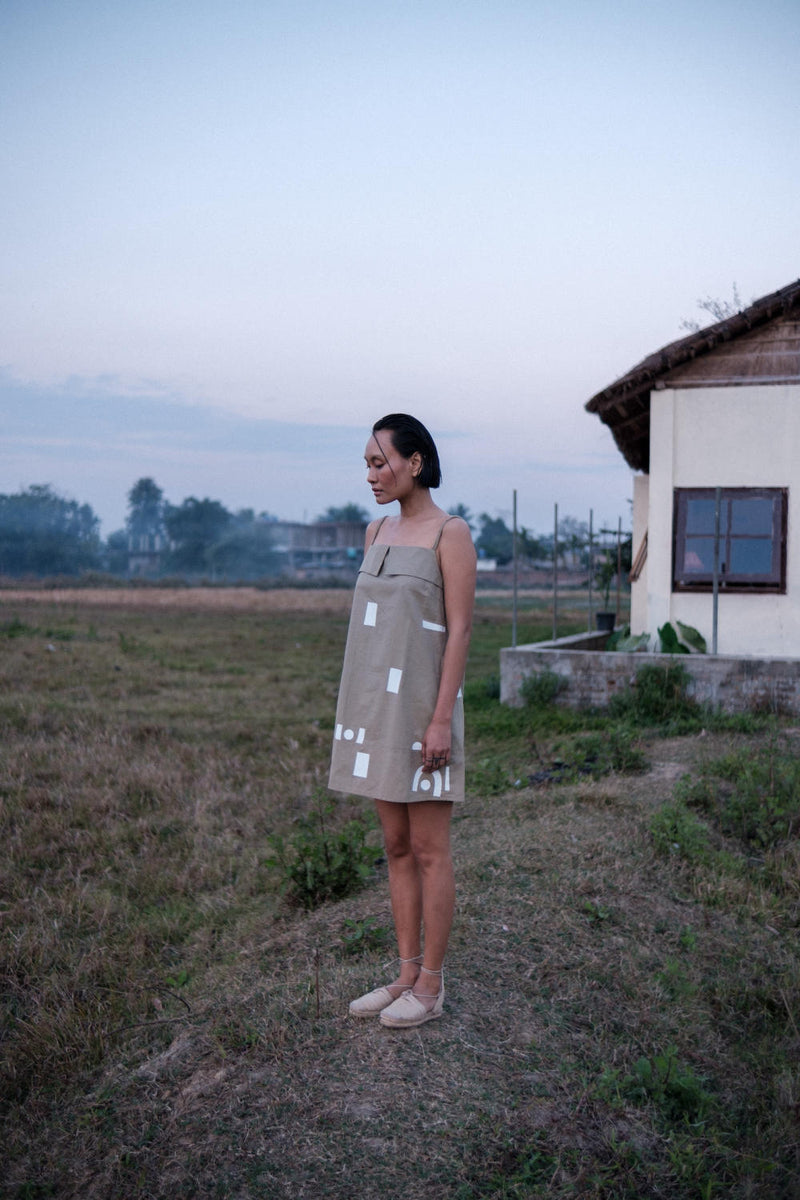 Rachel Slip Dress-Khaki Line Printed cotton by The Terra Tribe for women Worldwide