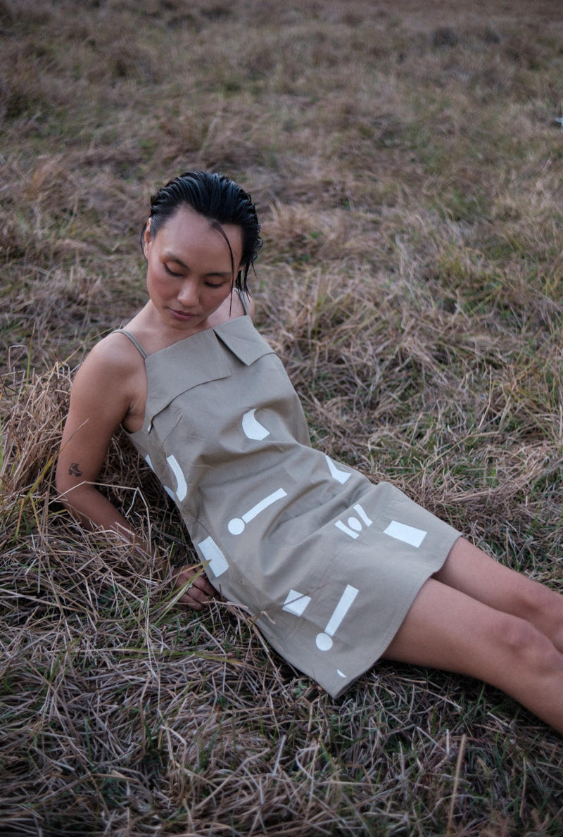 Rachel Slip Dress-Khaki Line Printed cotton by The Terra Tribe for women Worldwide