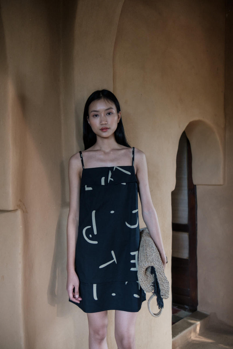 Rachel Slip Dress-Black line Printed cotton by The Terra Tribe in black color for women Worldwide