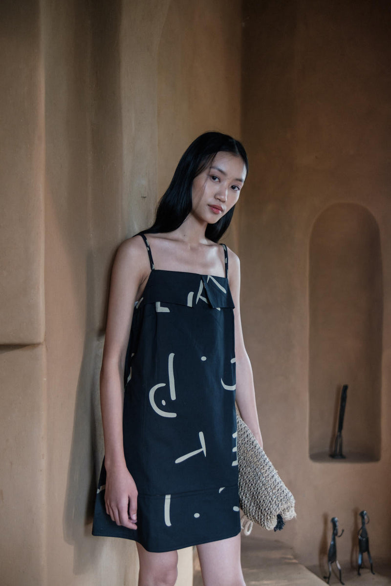Rachel Slip Dress-Black line Printed cotton by The Terra Tribe in black color for women Worldwide