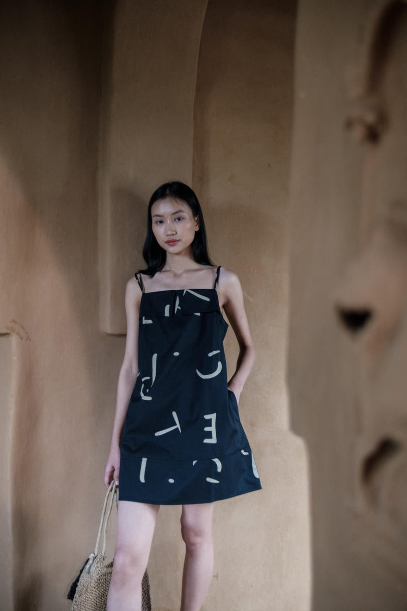 Rachel Slip Dress-Black line Printed cotton by The Terra Tribe in black color for women Worldwide