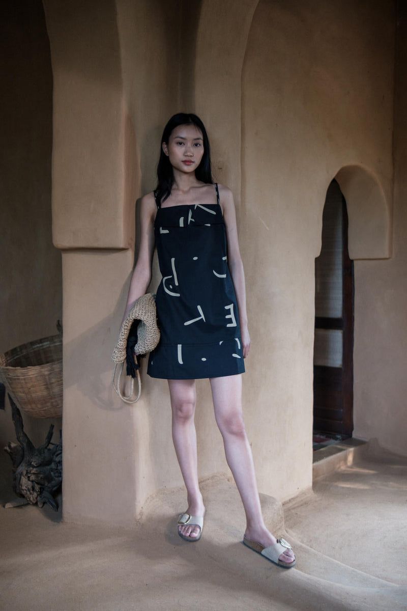 Rachel Slip Dress-Black line Printed cotton by The Terra Tribe in black color for women Worldwide