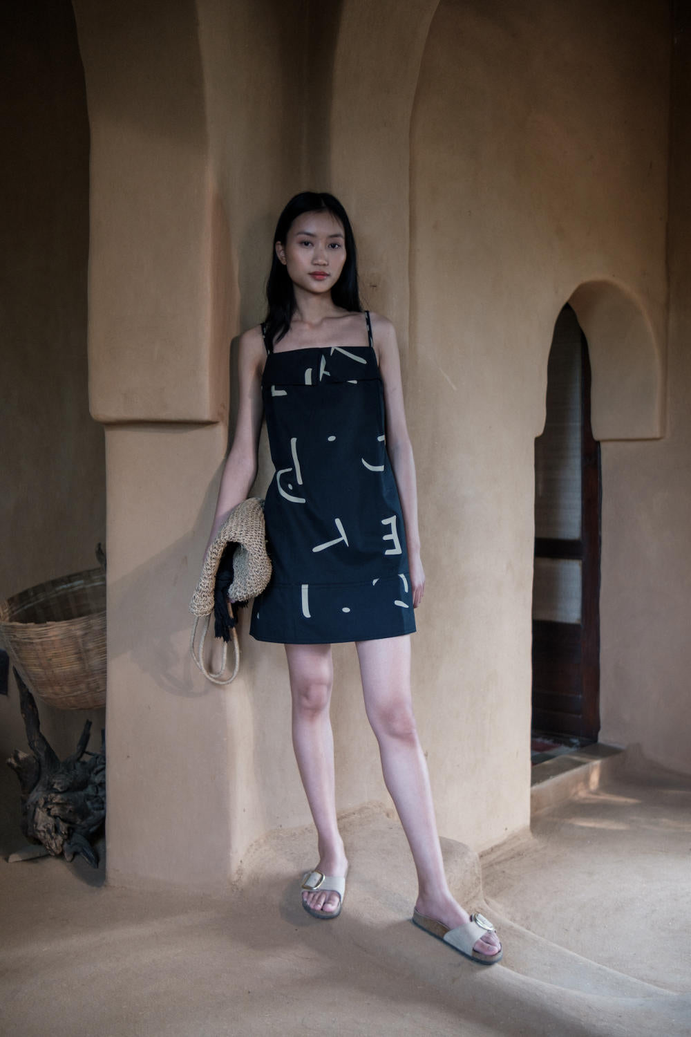 Rachel Slip Dress-Black line Printed