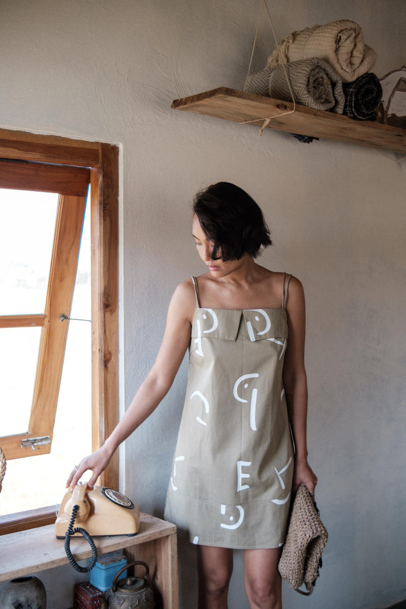 Rachel Slip Dress-Khaki Line Printed cotton by The Terra Tribe for women Worldwide