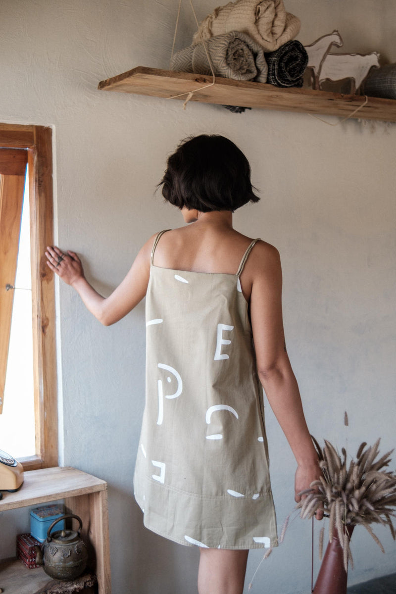Rachel Slip Dress-Khaki Line Printed cotton by The Terra Tribe for women Worldwide