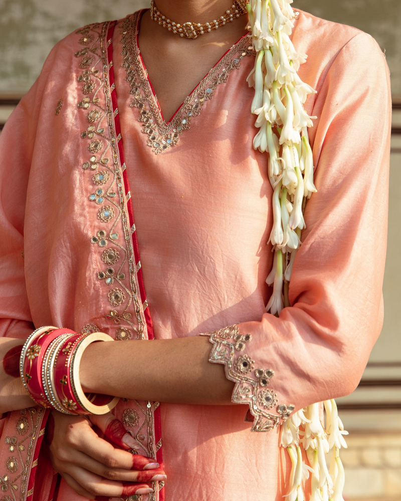 Peach Embroidered Chanderi Silk Sharara Set silk by Maison Shefali in peach color for women Worldwide