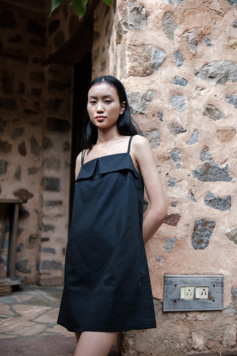 Rachel Slip Dress-Black cotton by The Terra Tribe in black color for women Worldwide