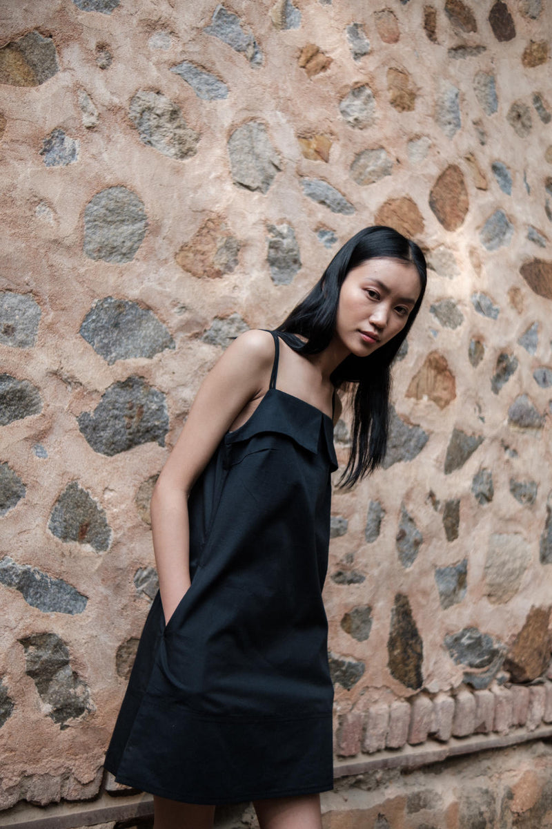 Rachel Slip Dress-Black cotton by The Terra Tribe in black color for women Worldwide