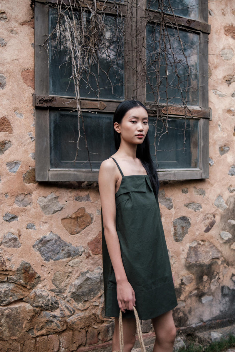 Rachel Slip Dress-Deep Green cotton by The Terra Tribe in green color for women Worldwide
