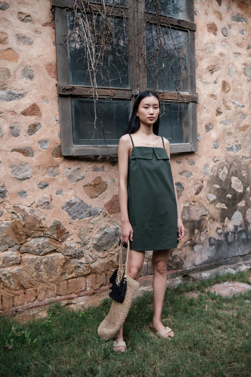 Rachel Slip Dress-Deep Green cotton by The Terra Tribe in green color for women Worldwide