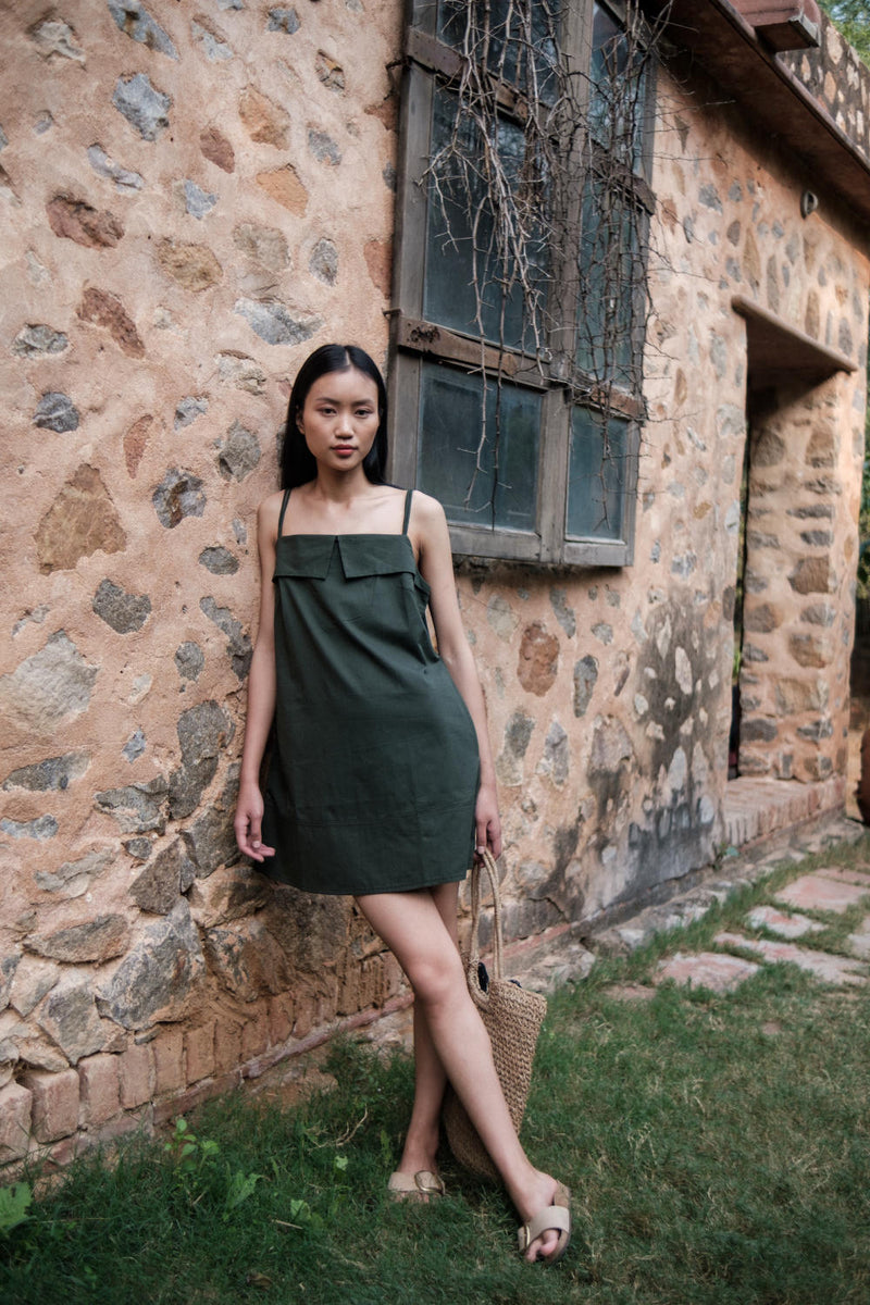 Rachel Slip Dress-Deep Green cotton by The Terra Tribe in green color for women Worldwide