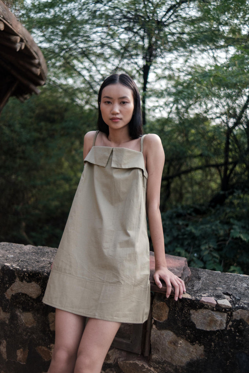 Rachel Slip Dress-Khaki cotton by The Terra Tribe for women Worldwide