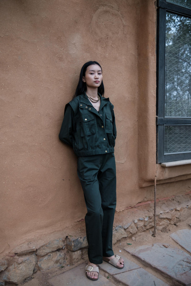 Sheldon cropped jacket-Deep Green cotton by The Terra Tribe in green color for women Worldwide