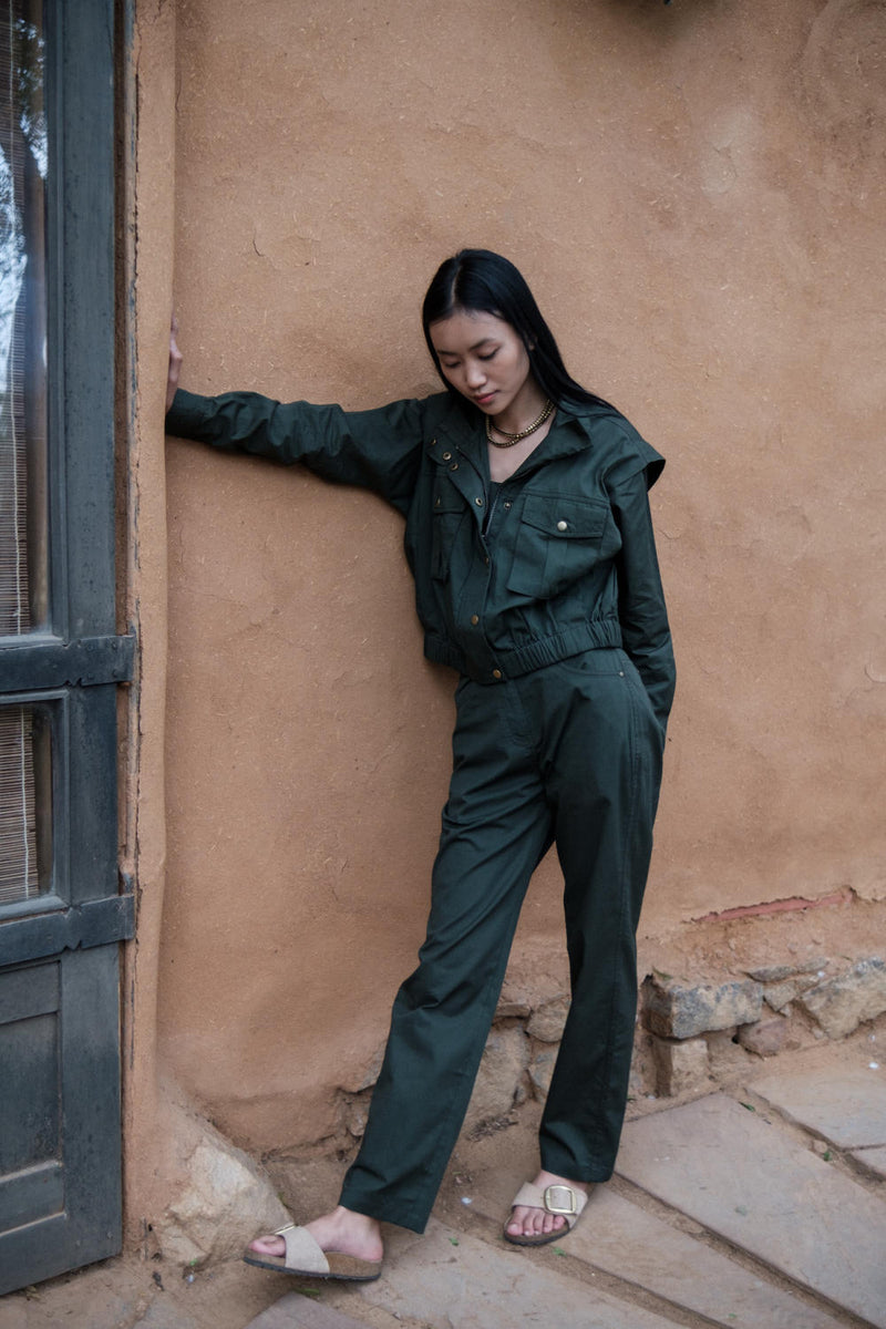 Sheldon cropped jacket-Deep Green cotton by The Terra Tribe in green color for women Worldwide