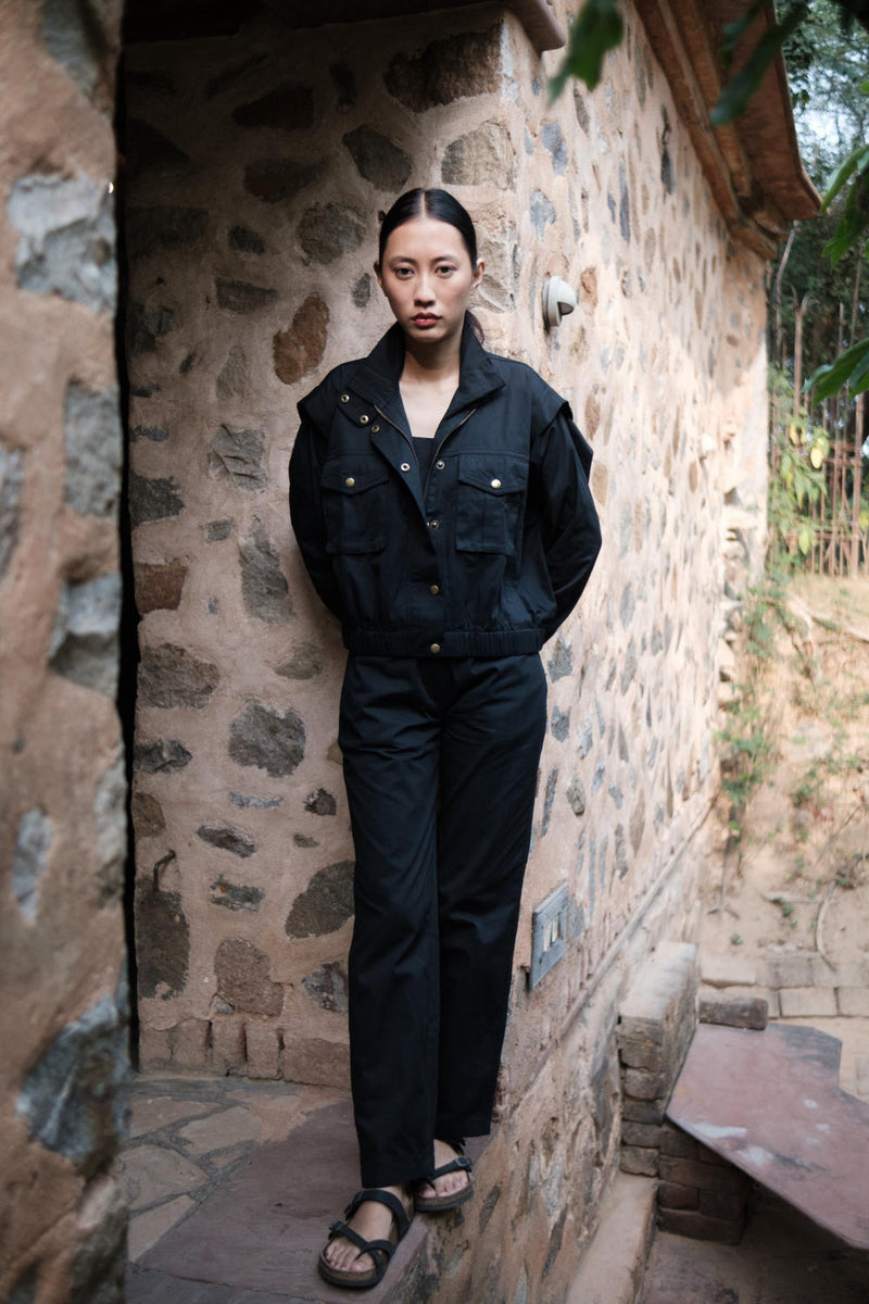 Sheldon cropped jacket-Black cotton by The Terra Tribe in black color for women Worldwide
