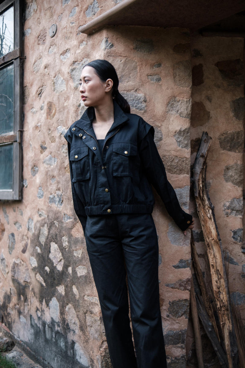 Sheldon cropped jacket-Black cotton by The Terra Tribe in black color for women Worldwide