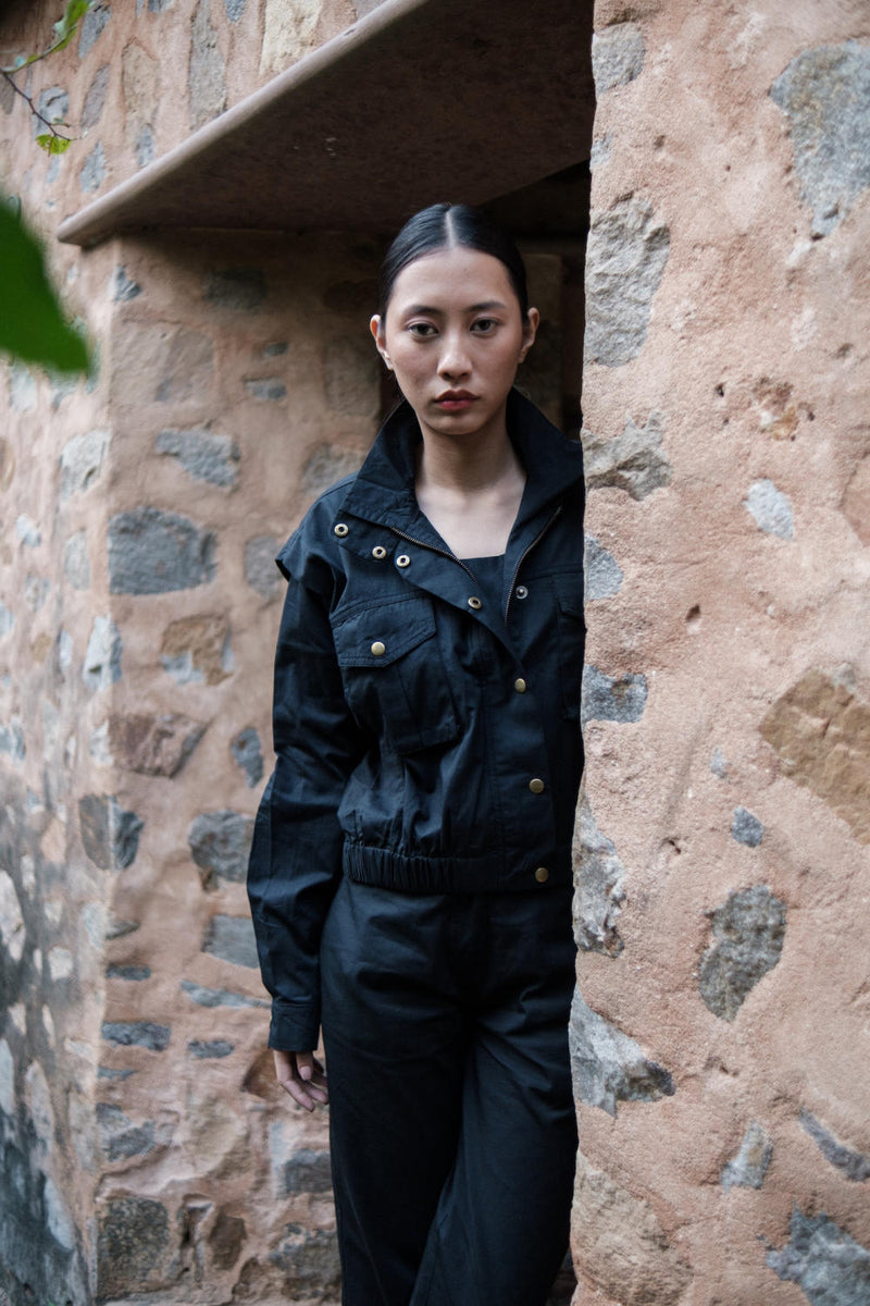 Sheldon cropped jacket-Black cotton by The Terra Tribe in black color for women Worldwide