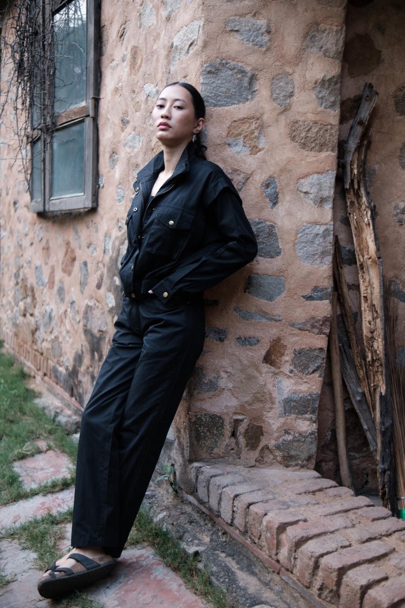 Sheldon cropped jacket-Black cotton by The Terra Tribe in black color for women Worldwide
