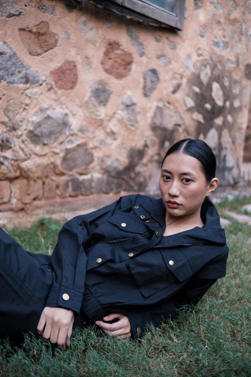Sheldon cropped jacket-Black cotton by The Terra Tribe in black color for women Worldwide