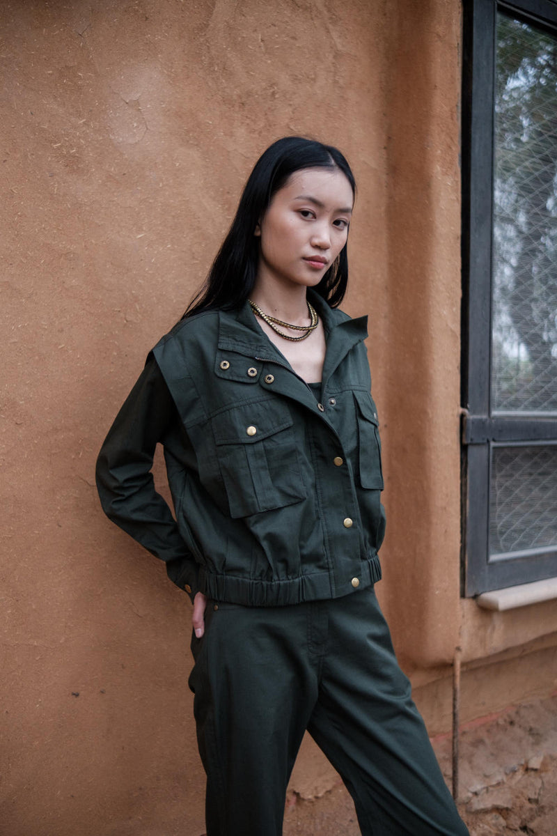 Sheldon cropped jacket-Deep Green cotton by The Terra Tribe in green color for women Worldwide