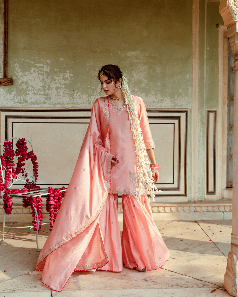 Peach Embroidered Chanderi Silk Sharara Set silk by Maison Shefali in peach color for women Worldwide