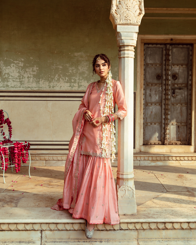 Peach Embroidered Chanderi Silk Sharara Set silk by Maison Shefali in peach color for women Worldwide