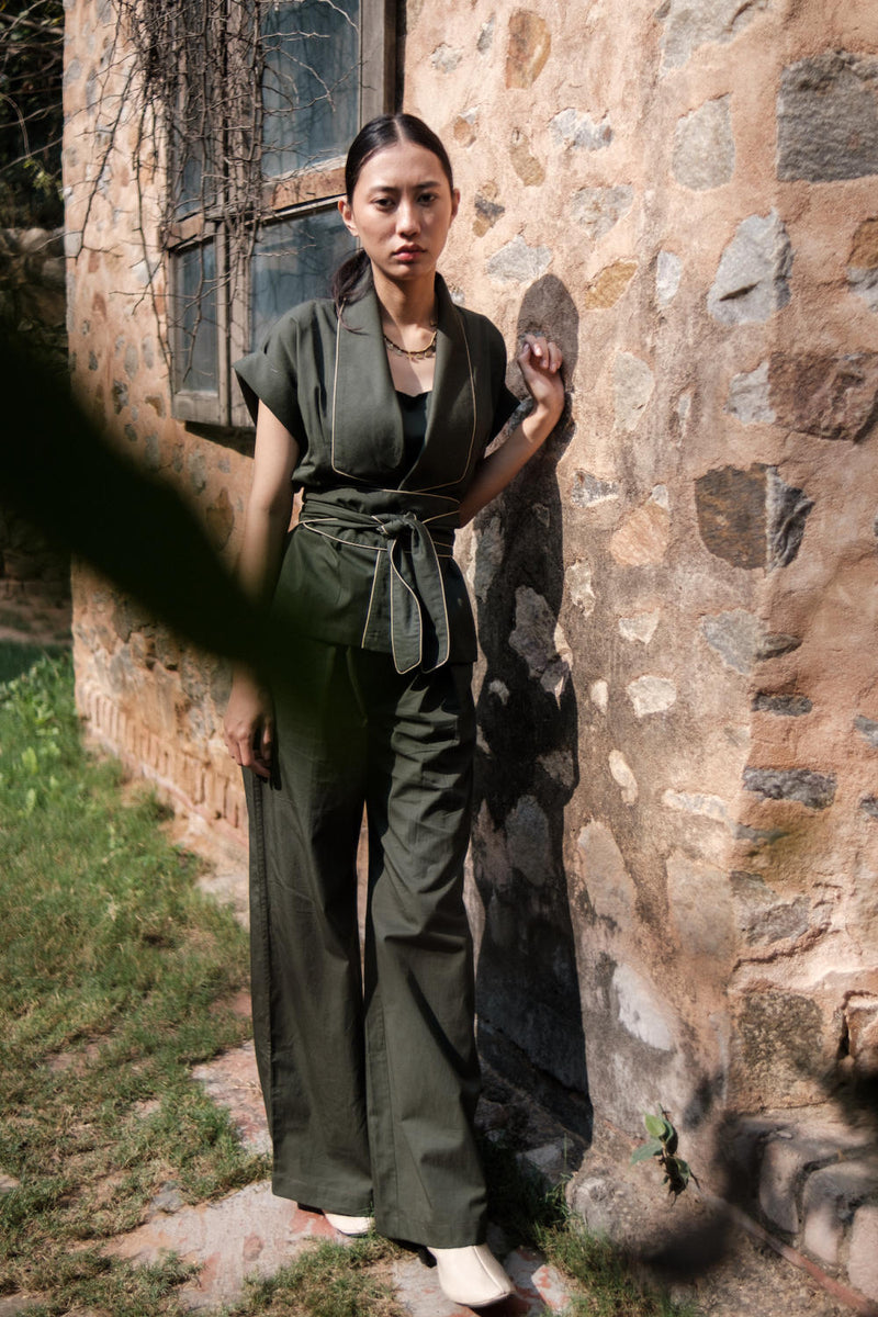 Berlin Shawl collar Top-Deep Green cotton by The Terra Tribe in green color for women Worldwide