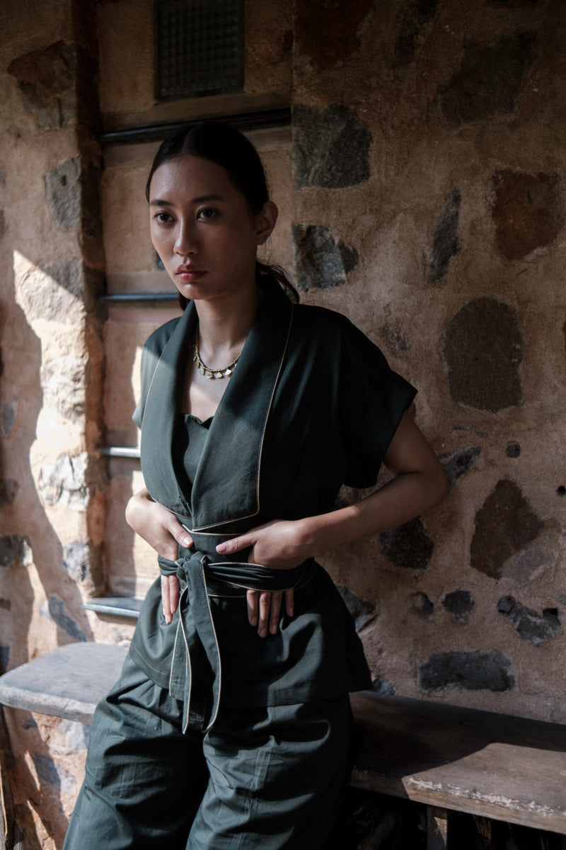 Berlin Shawl collar Top-Deep Green cotton by The Terra Tribe in green color for women Worldwide