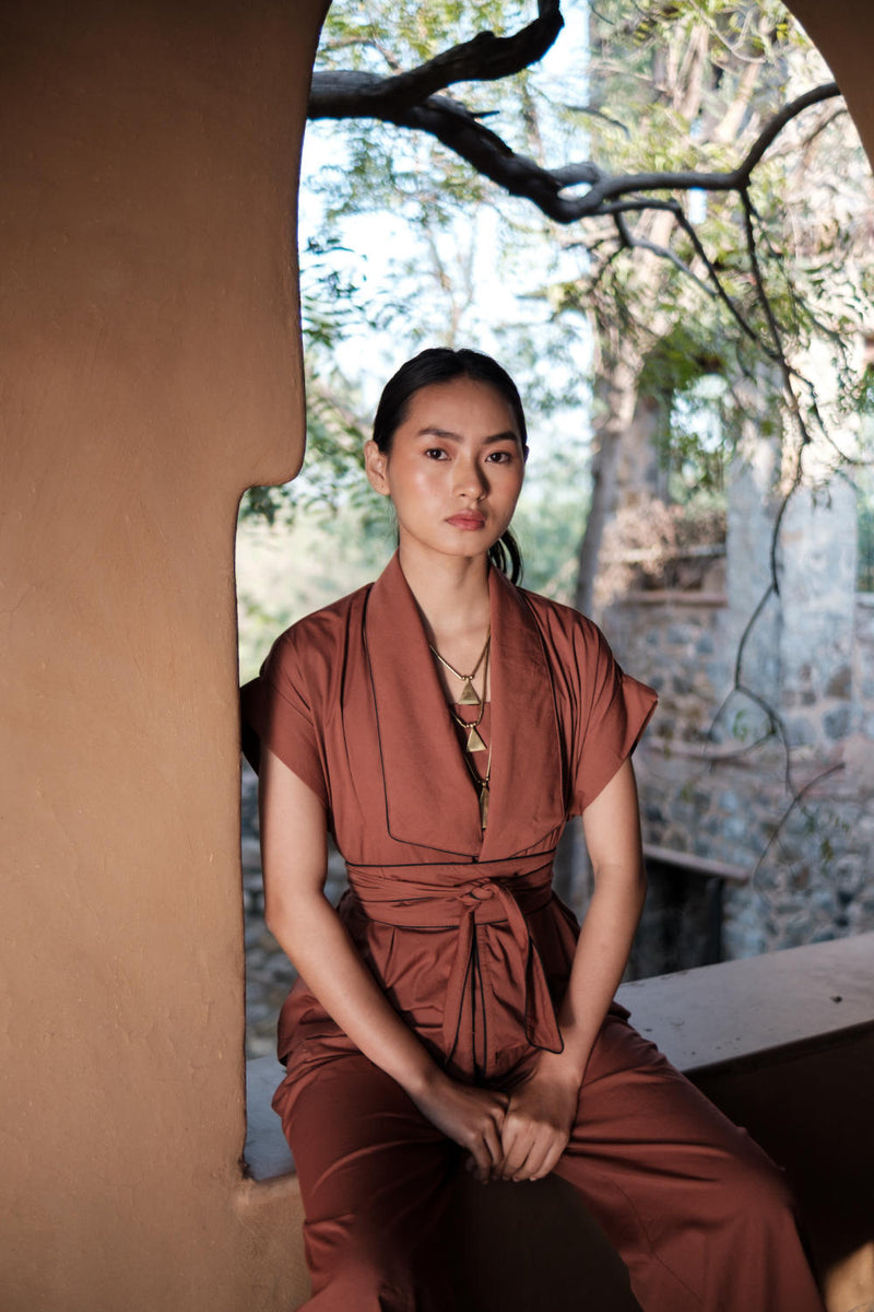 Berlin Shawl collar Top-Copper cotton by The Terra Tribe for women Worldwide