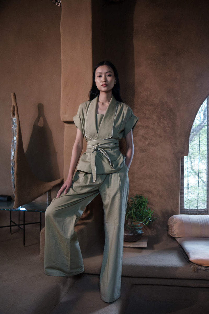 Berlin Shawl collar Top-Khaki cotton by The Terra Tribe for women Worldwide