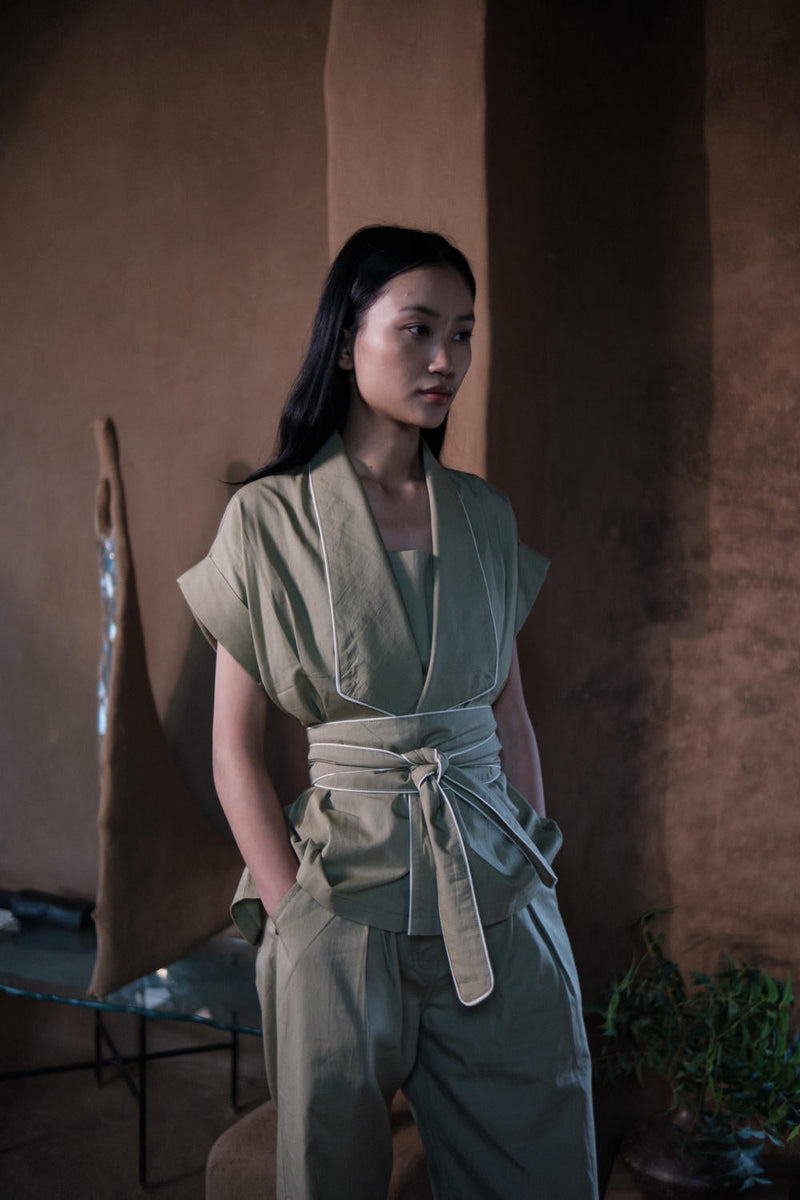 Berlin Shawl collar Top-Khaki cotton by The Terra Tribe for women Worldwide