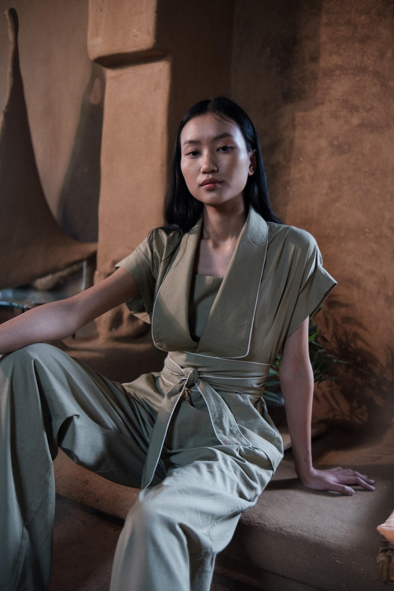 Berlin Shawl collar Top-Khaki cotton by The Terra Tribe for women Worldwide