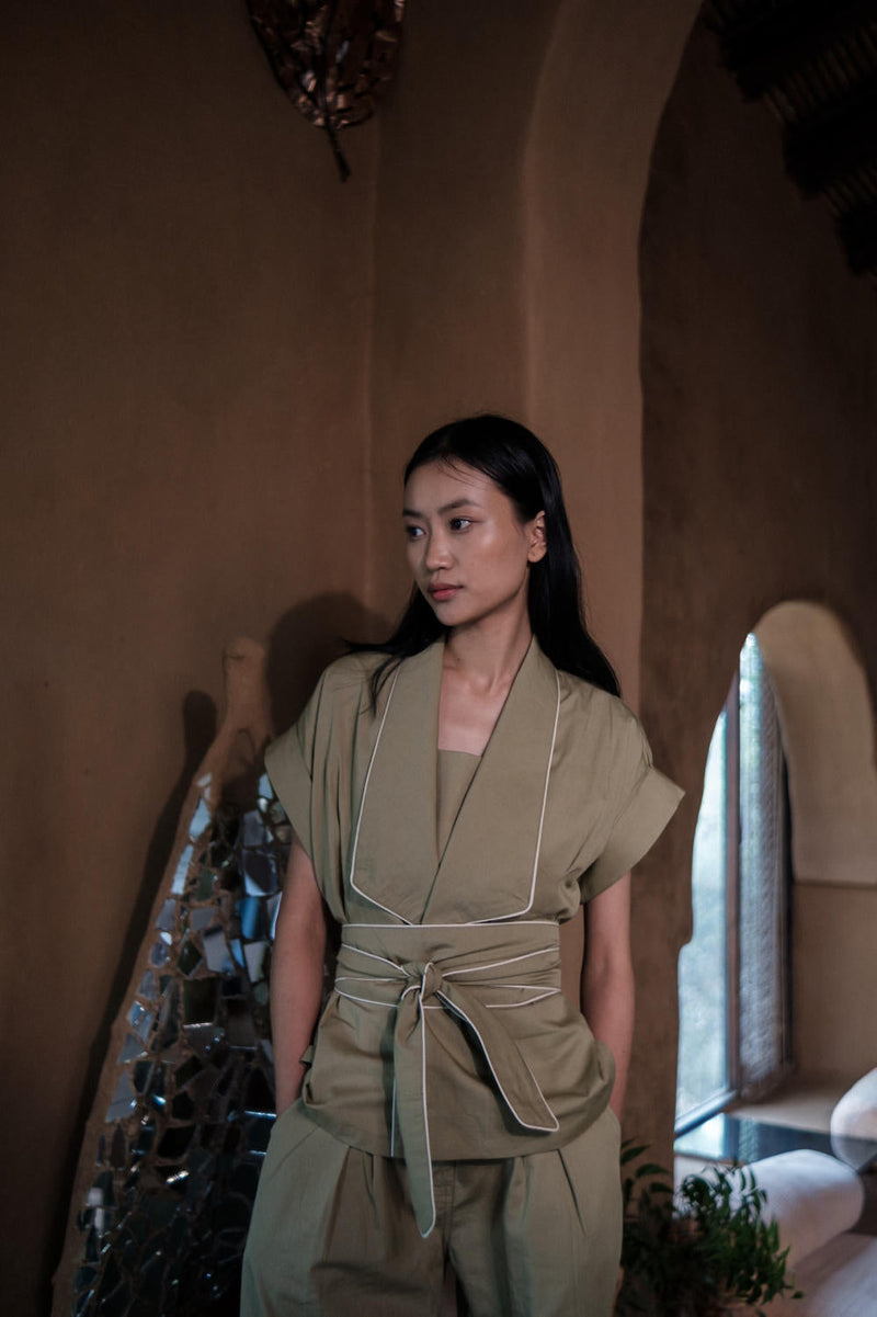 Berlin Shawl collar Top-Khaki cotton by The Terra Tribe for women Worldwide