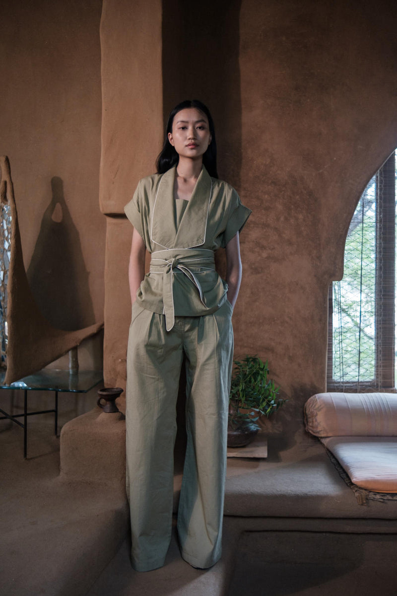 Berlin Shawl collar Top-Khaki cotton by The Terra Tribe for women Worldwide