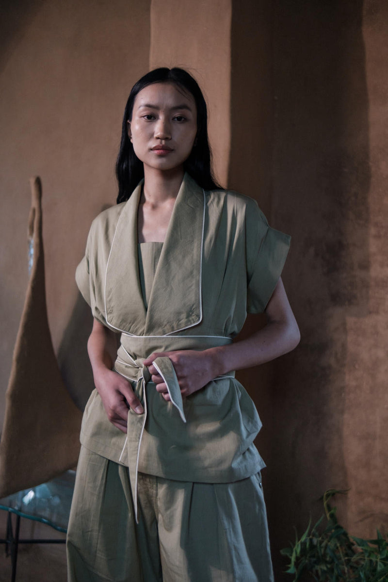Berlin Shawl collar Top-Khaki cotton by The Terra Tribe for women Worldwide