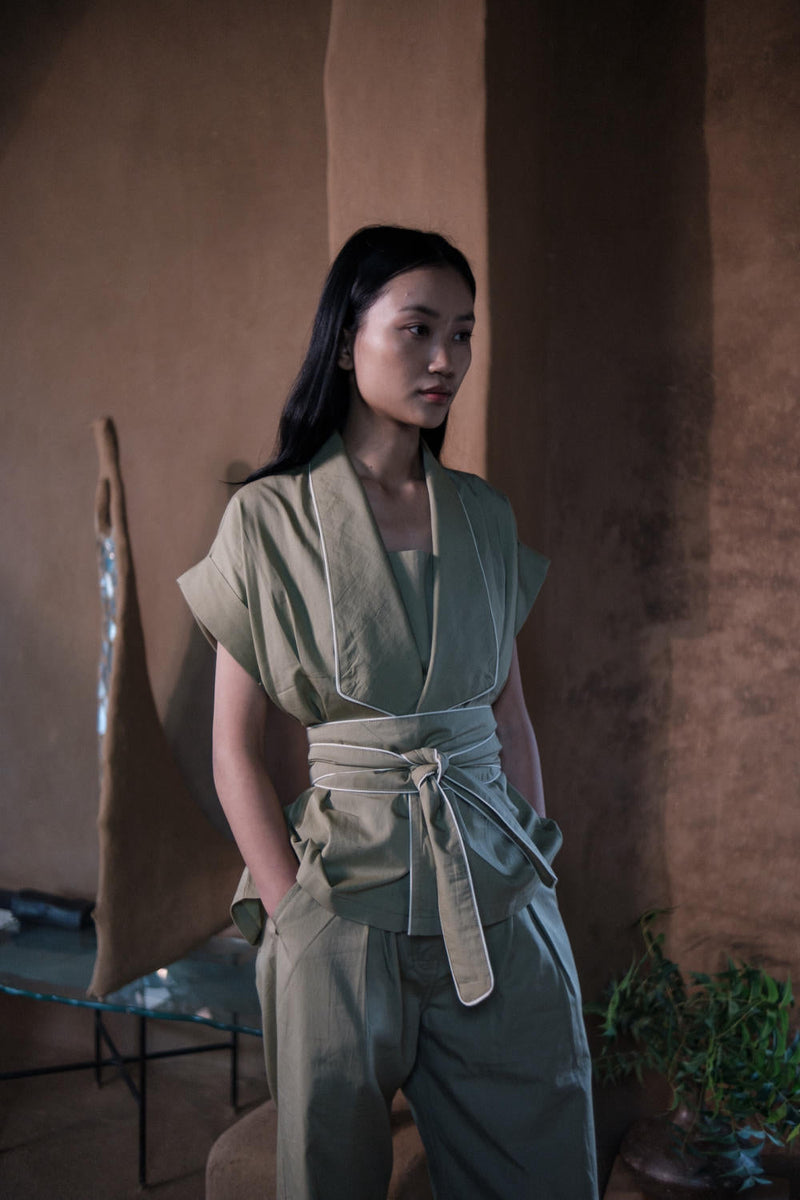 Berlin Shawl collar Top-Khaki cotton by The Terra Tribe for women Worldwide