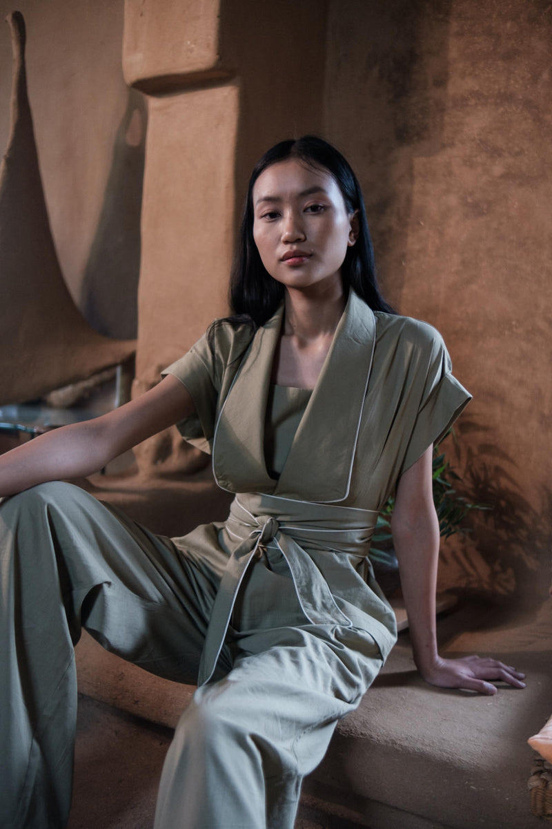 Berlin Shawl collar Top-Khaki cotton by The Terra Tribe for women Worldwide