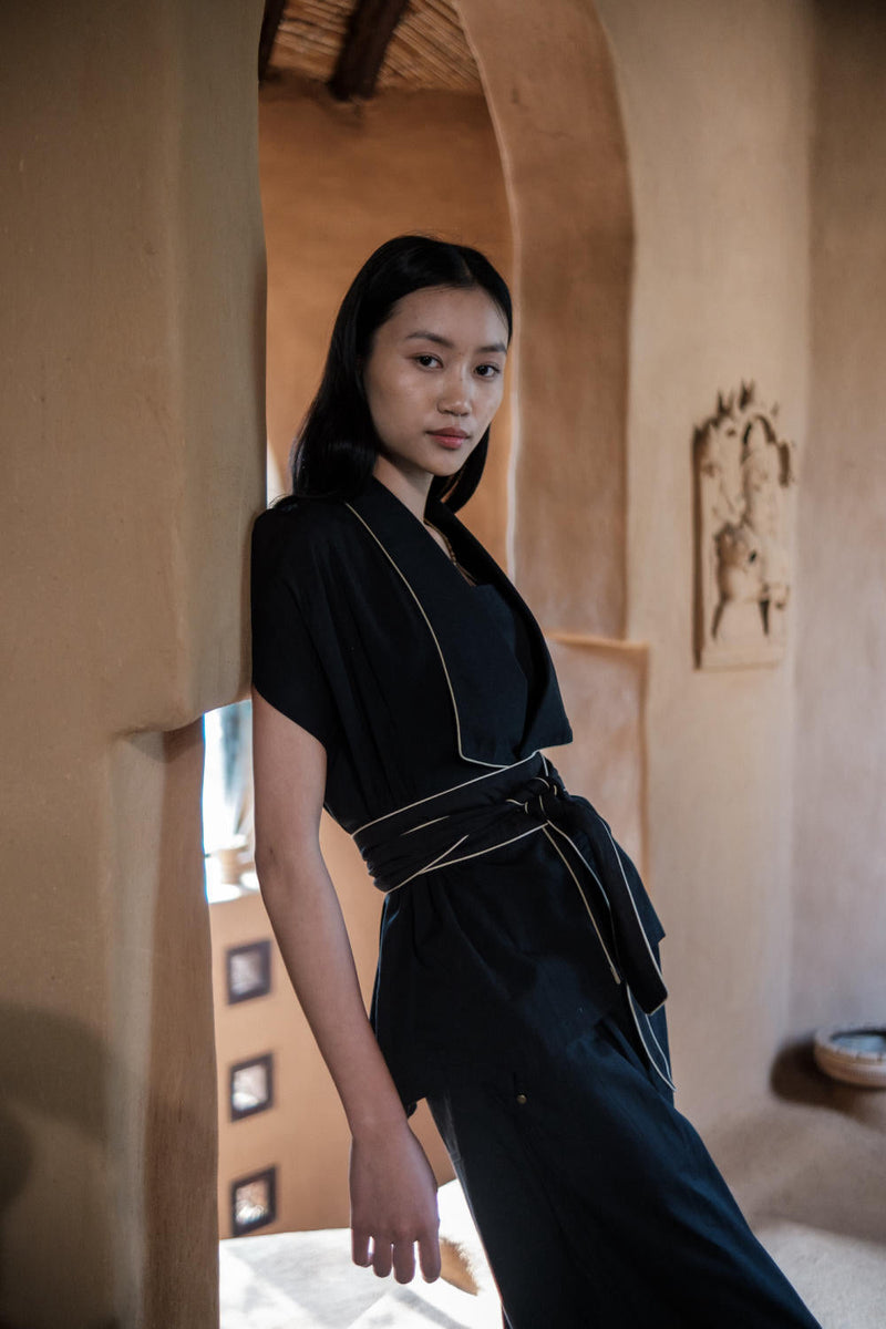 Berlin Shawl collar Top-Black cotton by The Terra Tribe in black color for women Worldwide