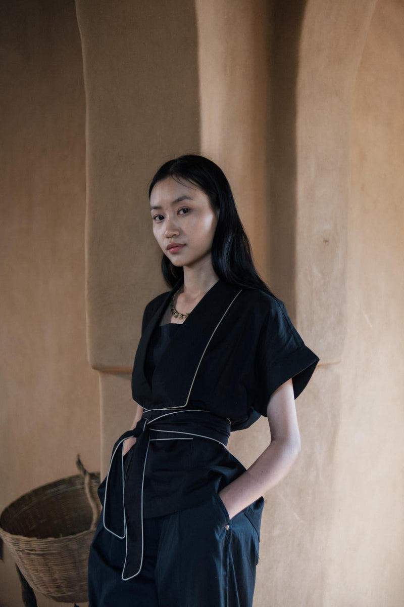 Berlin Shawl collar Top-Black cotton by The Terra Tribe in black color for women Worldwide