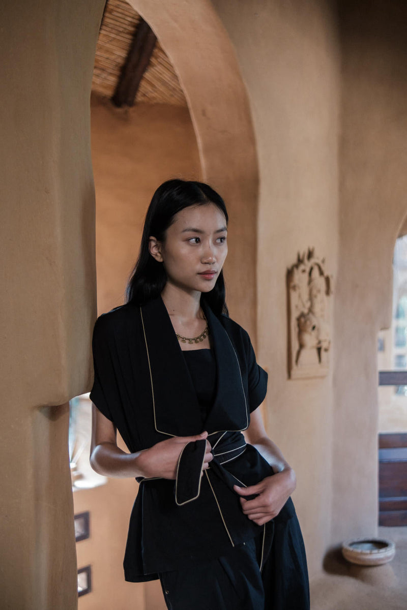 Berlin Shawl collar Top-Black cotton by The Terra Tribe in black color for women Worldwide