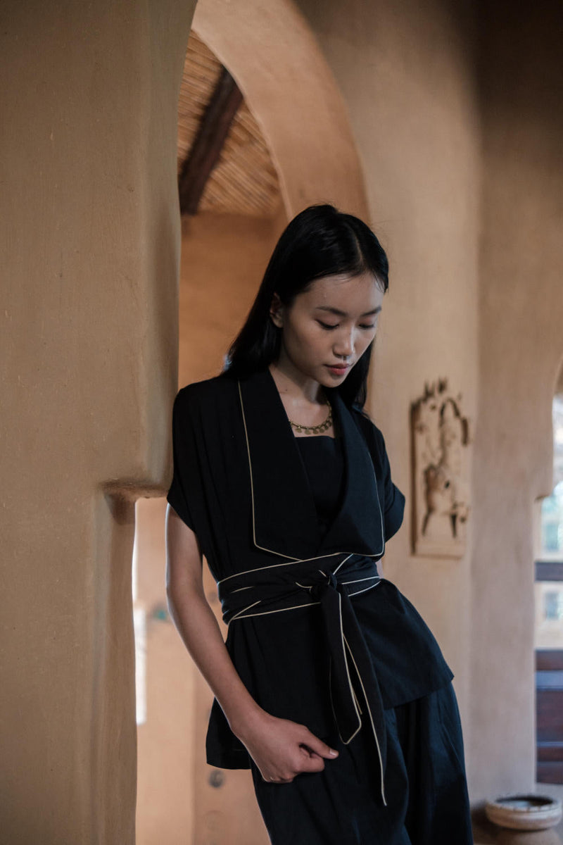 Berlin Shawl collar Top-Black cotton by The Terra Tribe in black color for women Worldwide