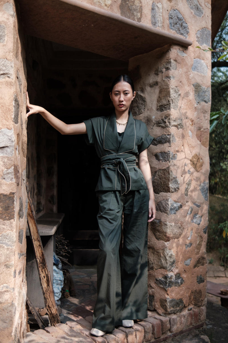 Berlin Shawl collar Top-Deep Green cotton by The Terra Tribe in green color for women Worldwide