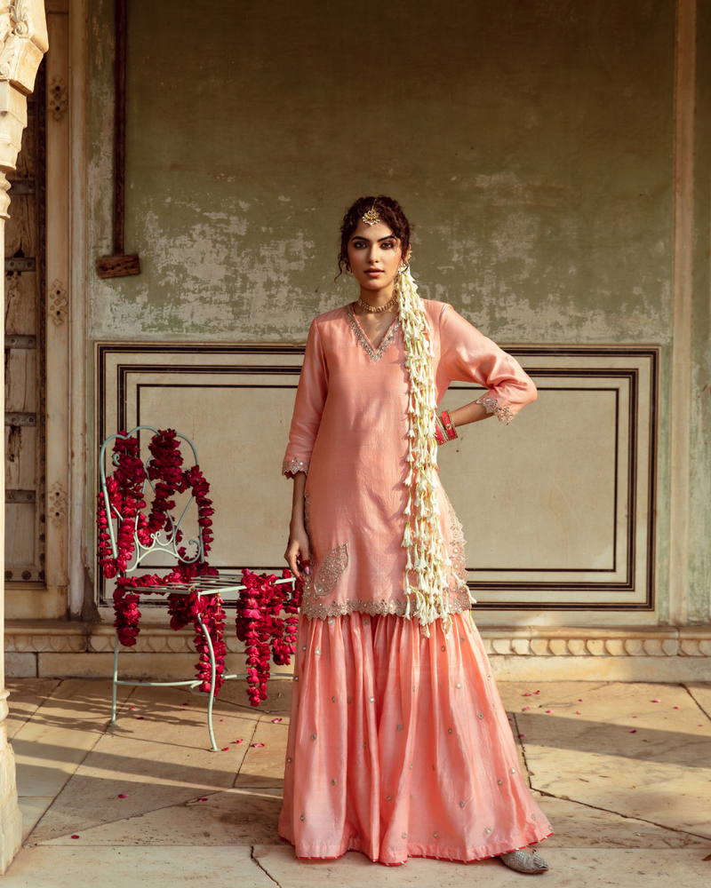 Peach Embroidered Chanderi Silk Sharara Set silk by Maison Shefali in peach color for women Worldwide