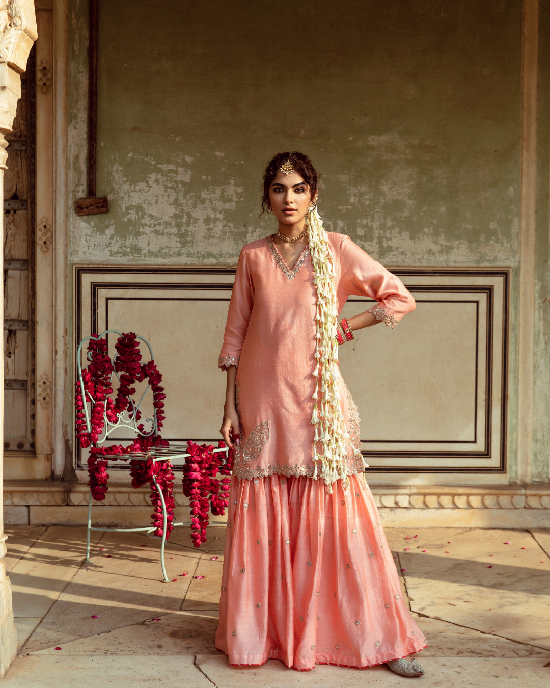 Peach Embroidered Chanderi Silk Sharara Set