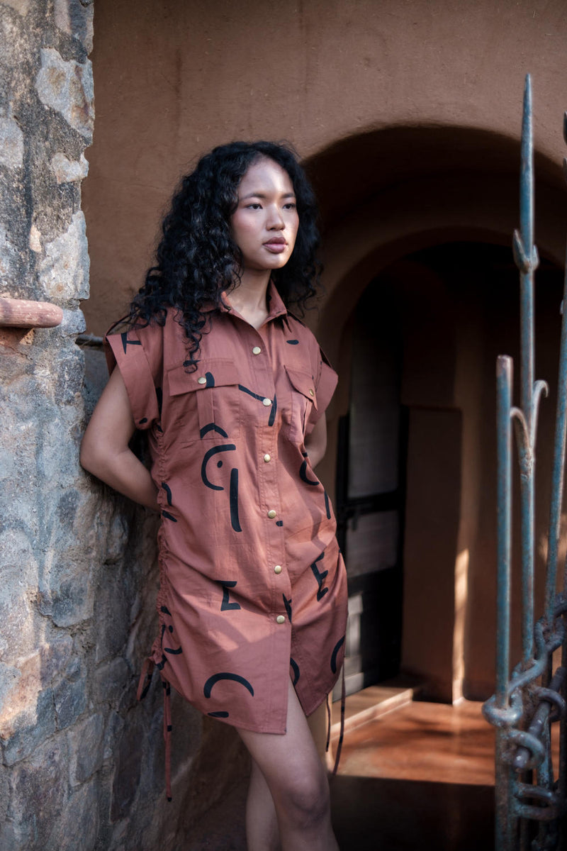 Sunrise gather shirt-Copper Line Printed cotton by The Terra Tribe for women Worldwide