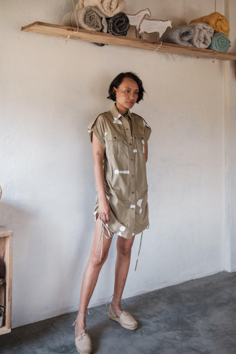 Sunrise gather shirt-Khaki Triangle Printed cotton by The Terra Tribe for women Worldwide