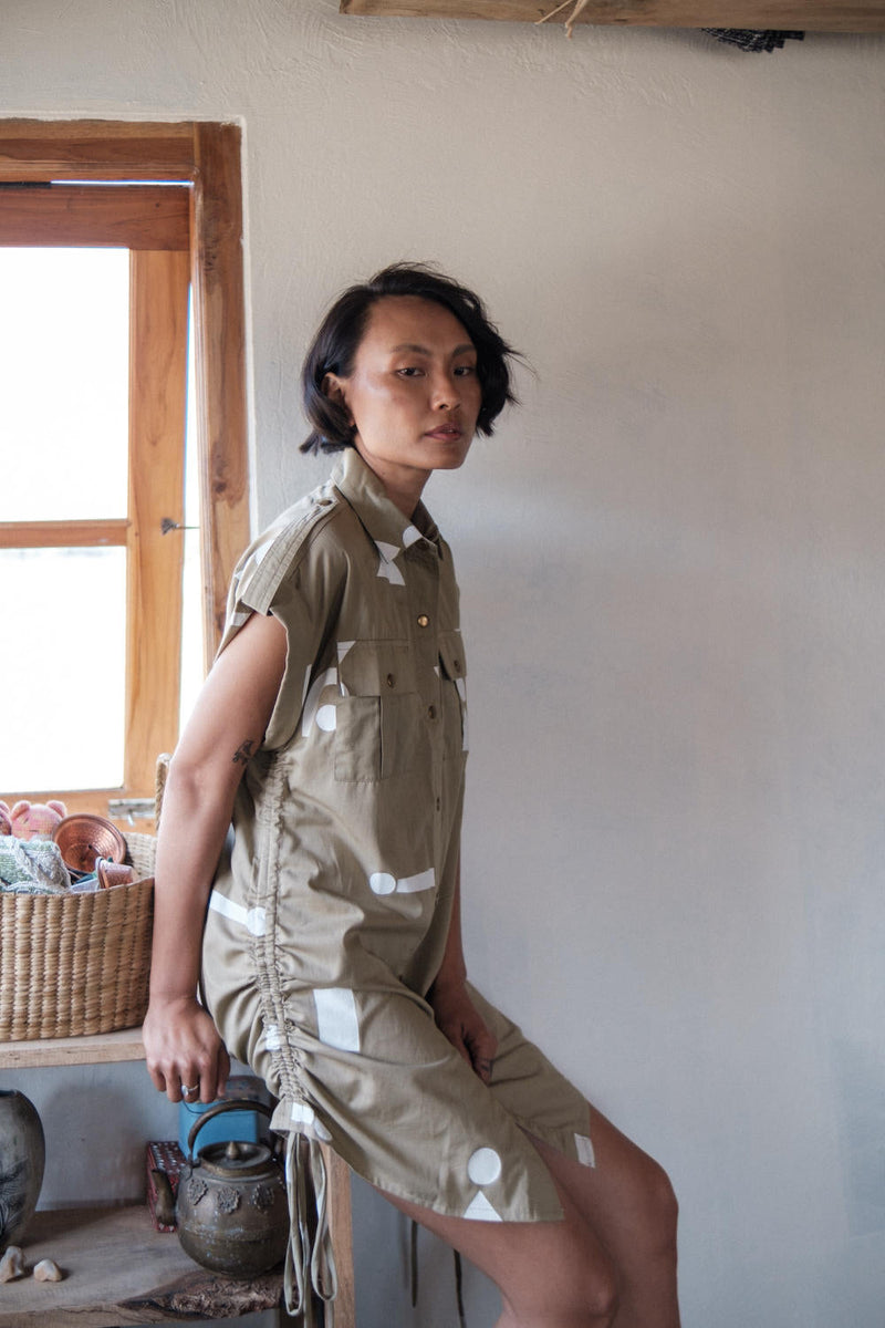 Sunrise gather shirt-Khaki Triangle Printed cotton by The Terra Tribe for women Worldwide